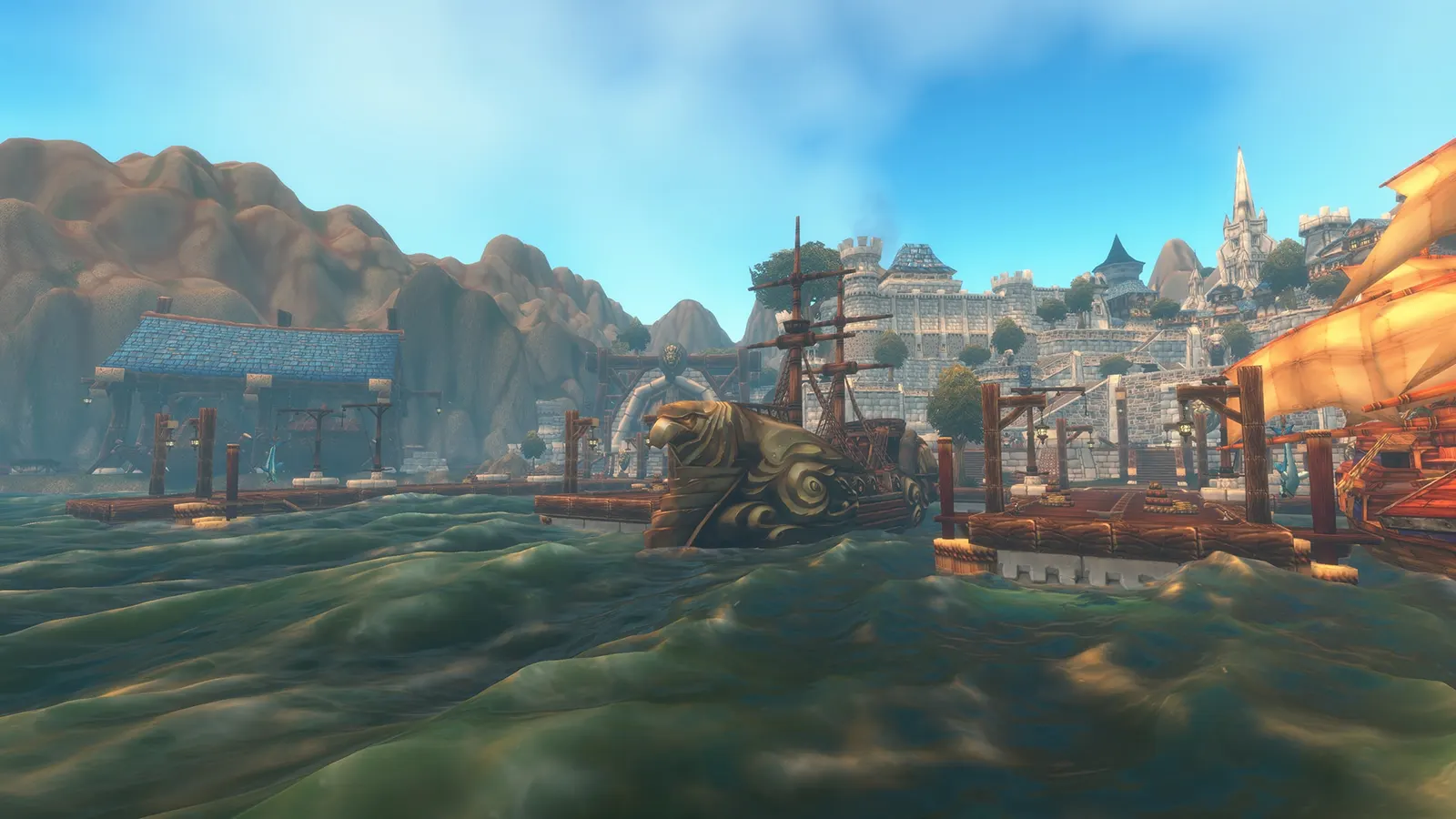 A harbor with ships before a white-walled city