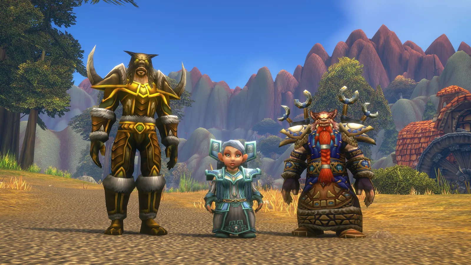 Three characters in class armor standing on a dirt road