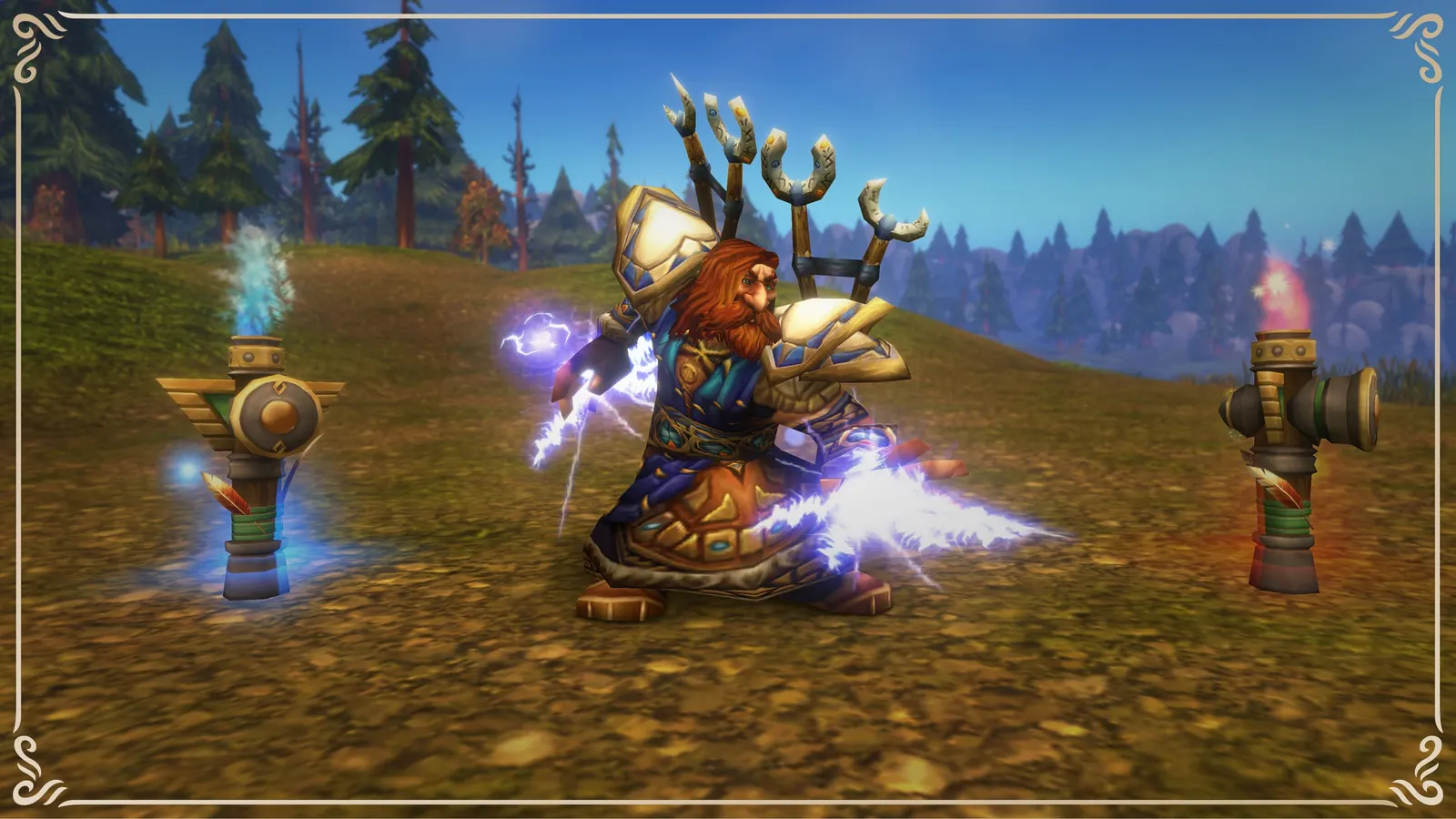 A dwarf shaman calling lightning between two totems