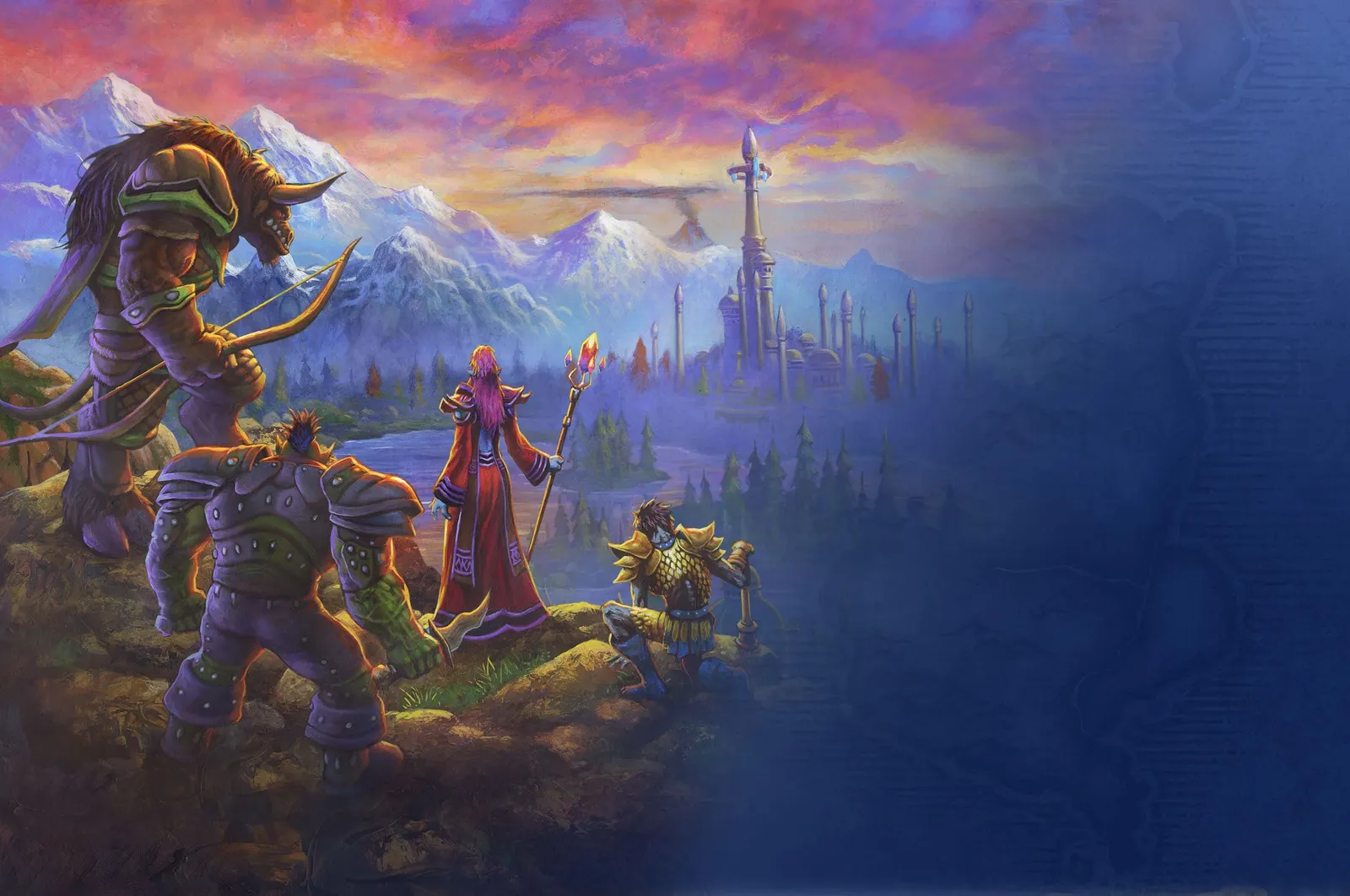 Painted key art of adventurers overlooking a distant city