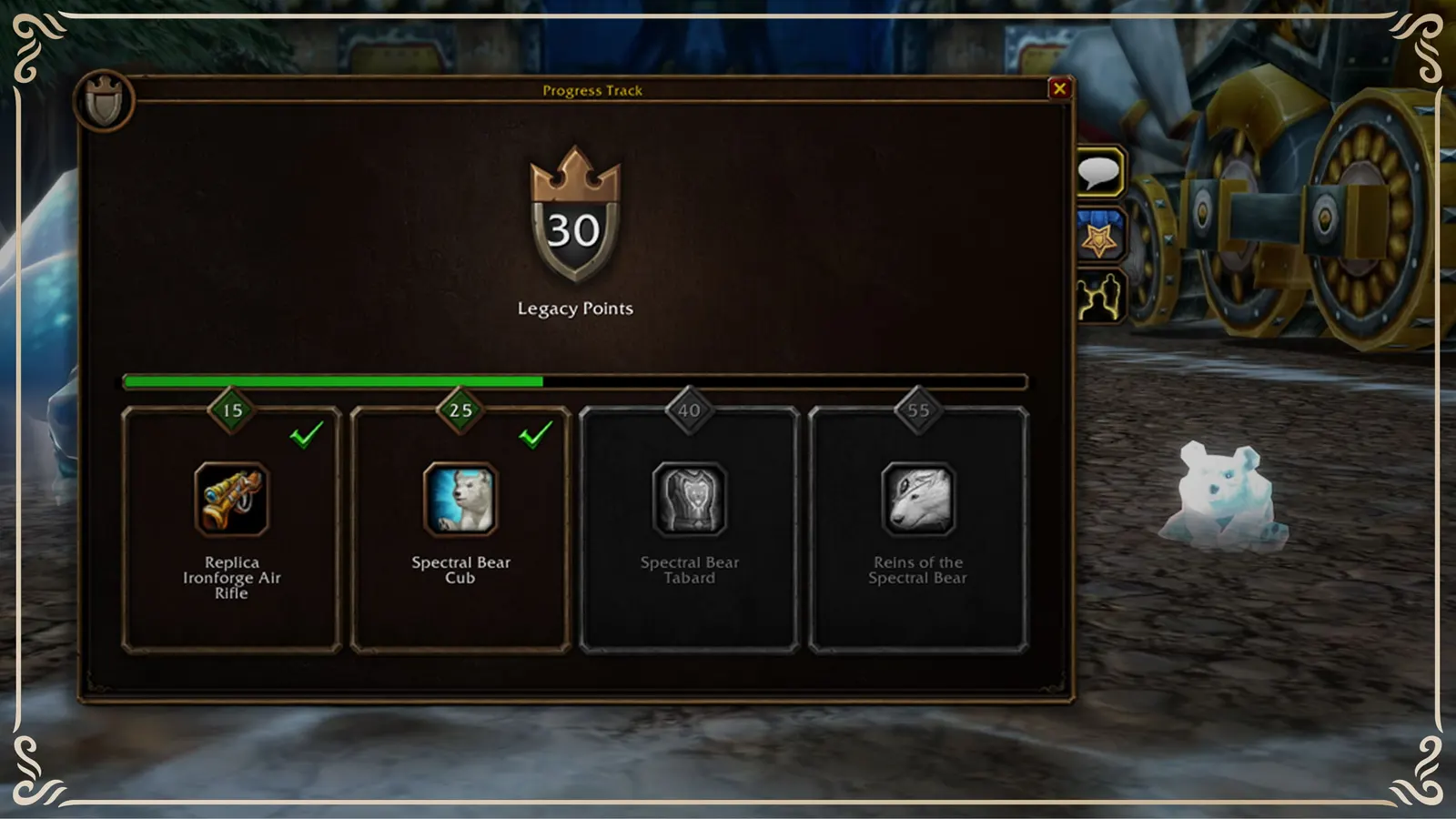 The Legacy Points window showing challenge rewards