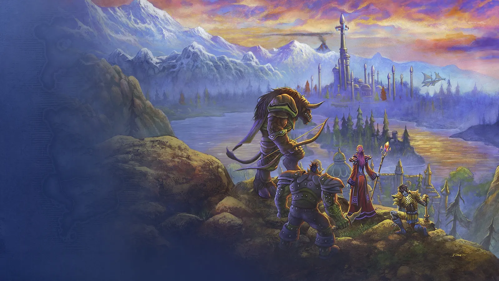 Painted artwork of adventurers overlooking a valley and a distant castle