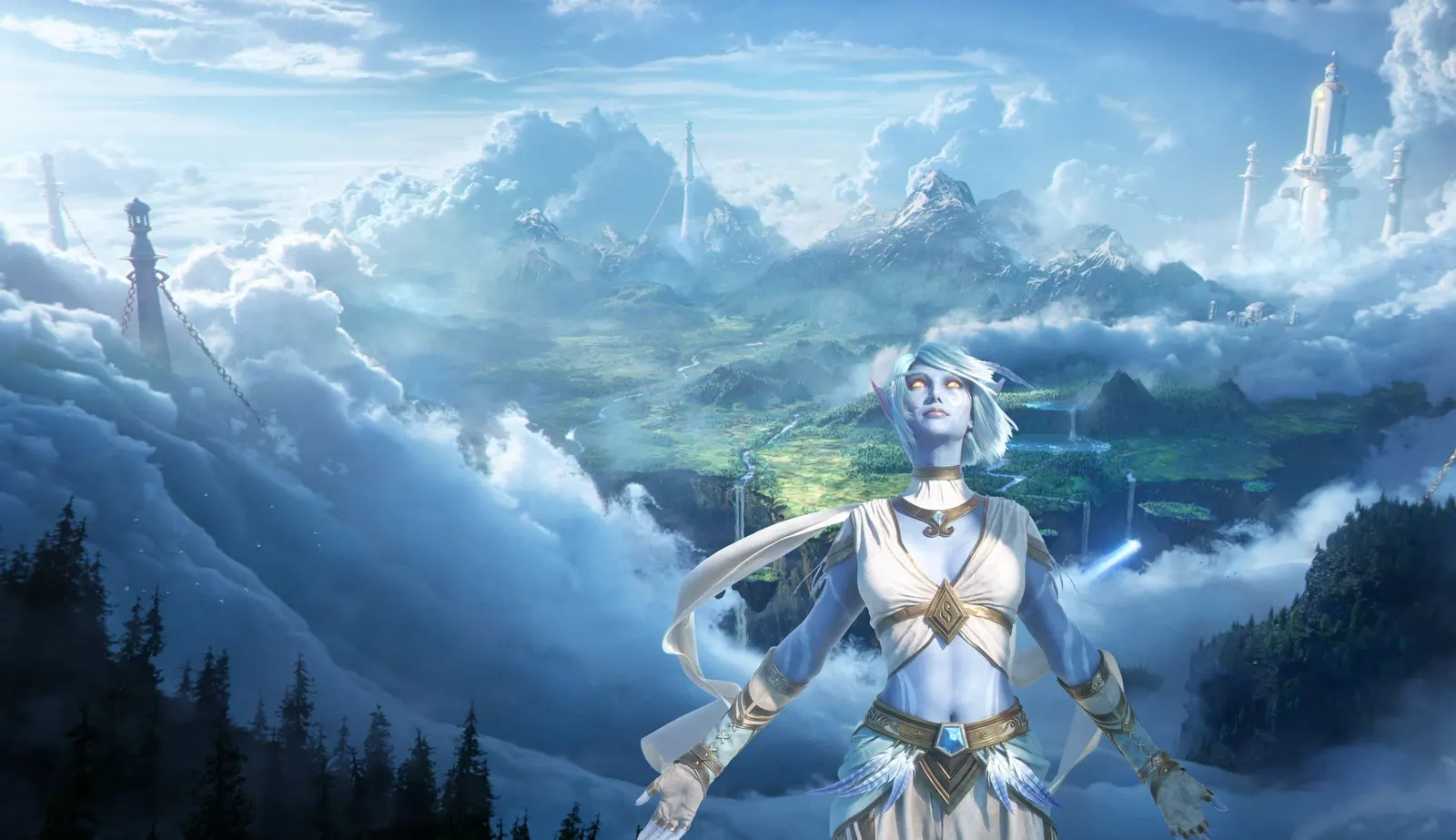 Painted art of a Skyborne woman above clouds and floating towers