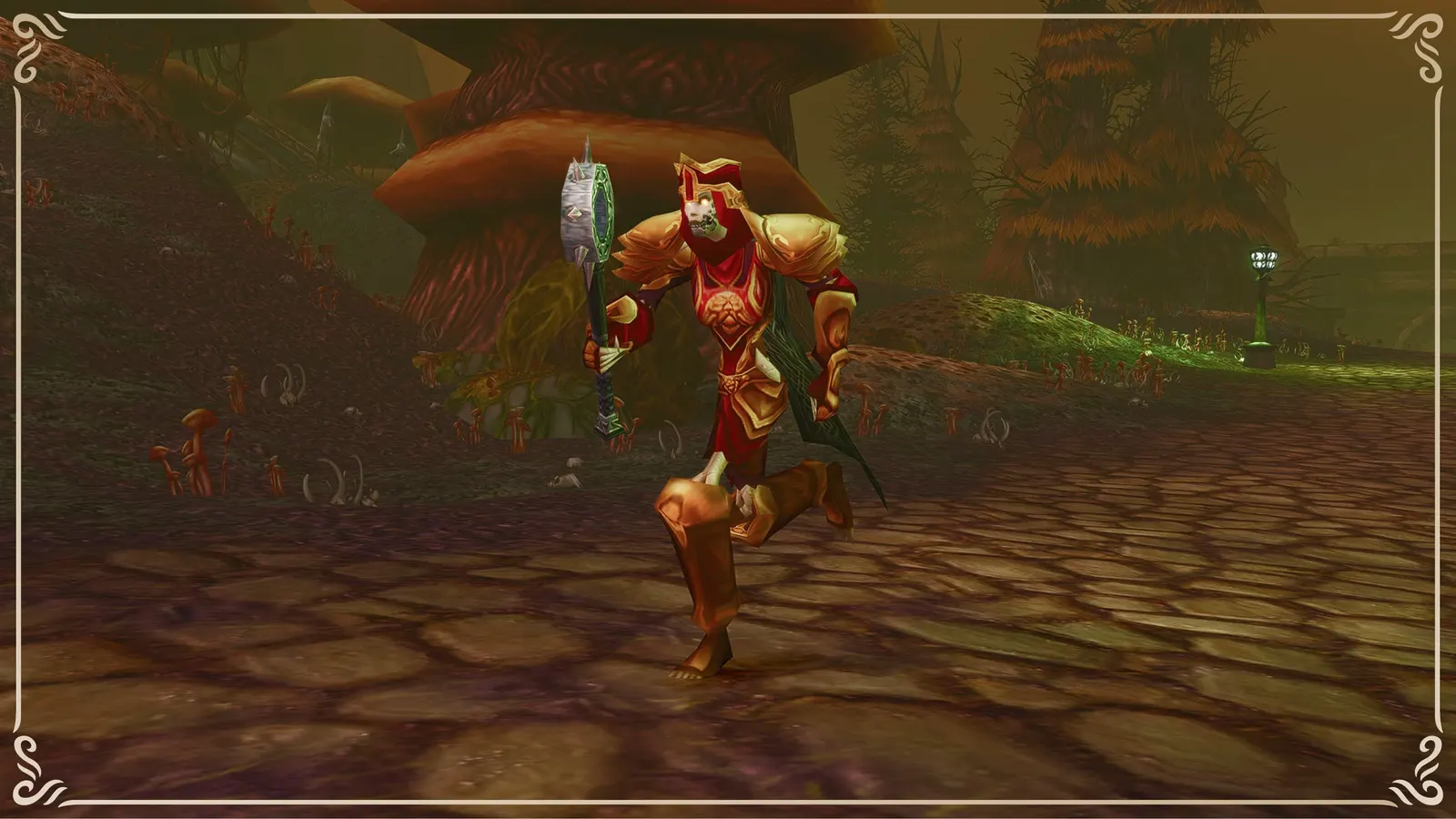 A character in red armor walking through a village