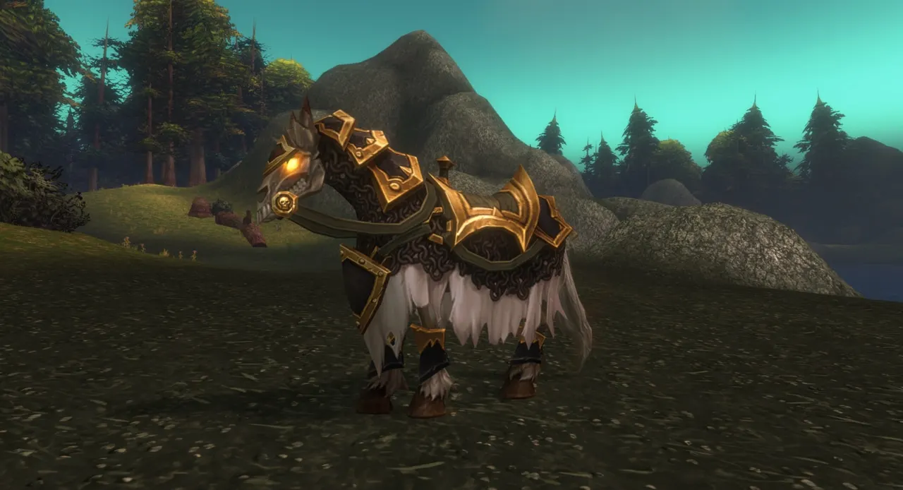 An armored dark charger with gold plating on a grassy hill