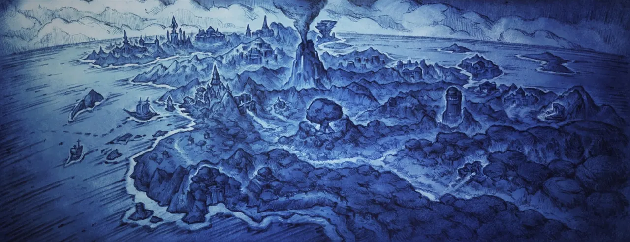 A blue ink-style sketch of a mountainous coastline