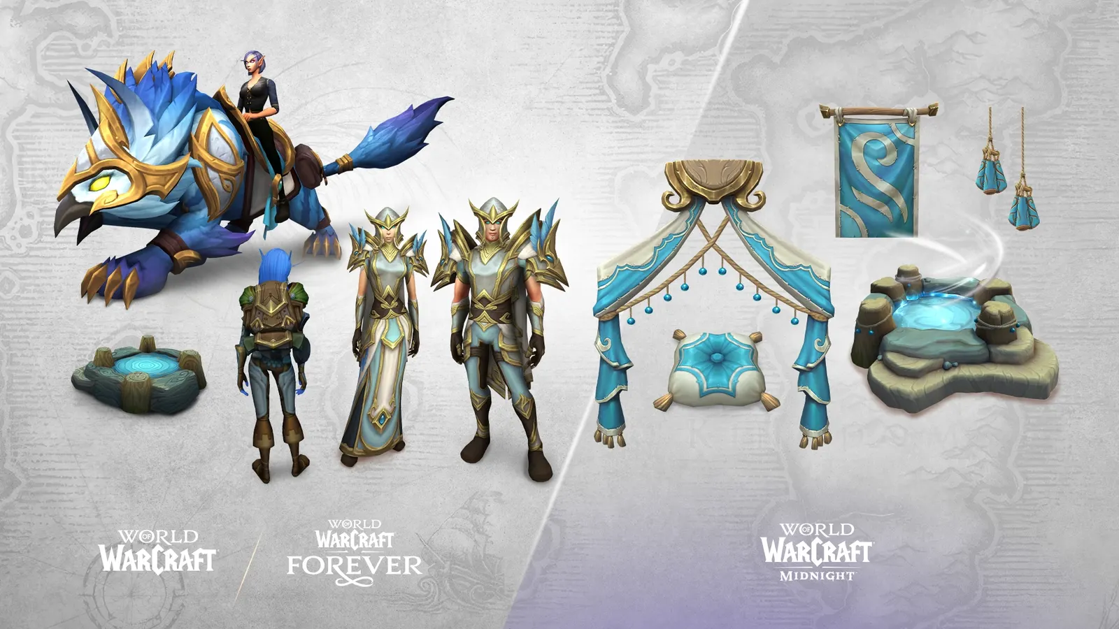 Skyborne Heroic Pack contents including a blue feathered cat mount, outfits, decor and a well