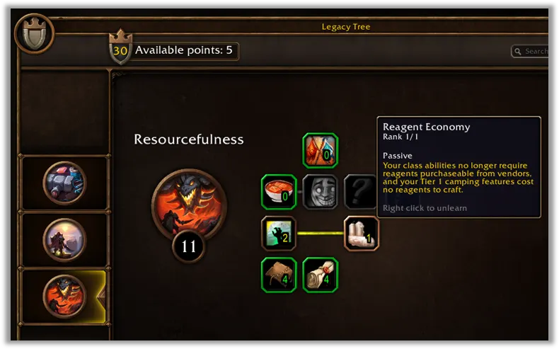 Legacy Tree window showing the Resourcefulness tree and Reagent Economy tooltip