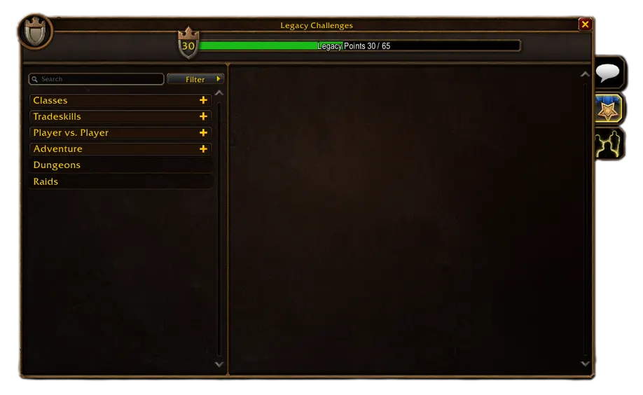 Legacy Challenges window listing Classes, Tradeskills, Player vs. Player, Adventure, Dungeons and Raids