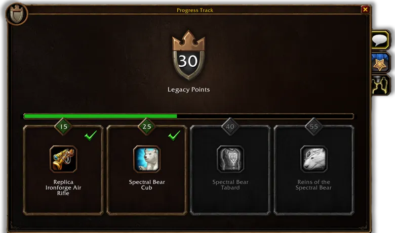 Legacy reward track at 30 points showing the air rifle, bear cub, tabard and bear mount