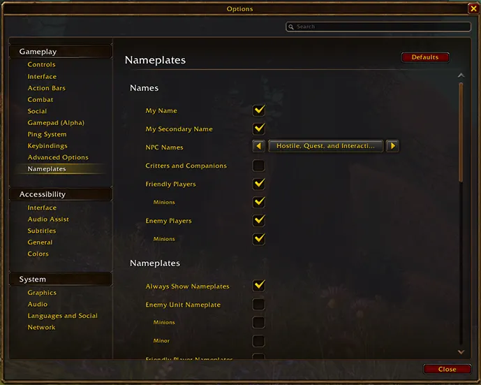 Nameplates options including the My Secondary Name setting