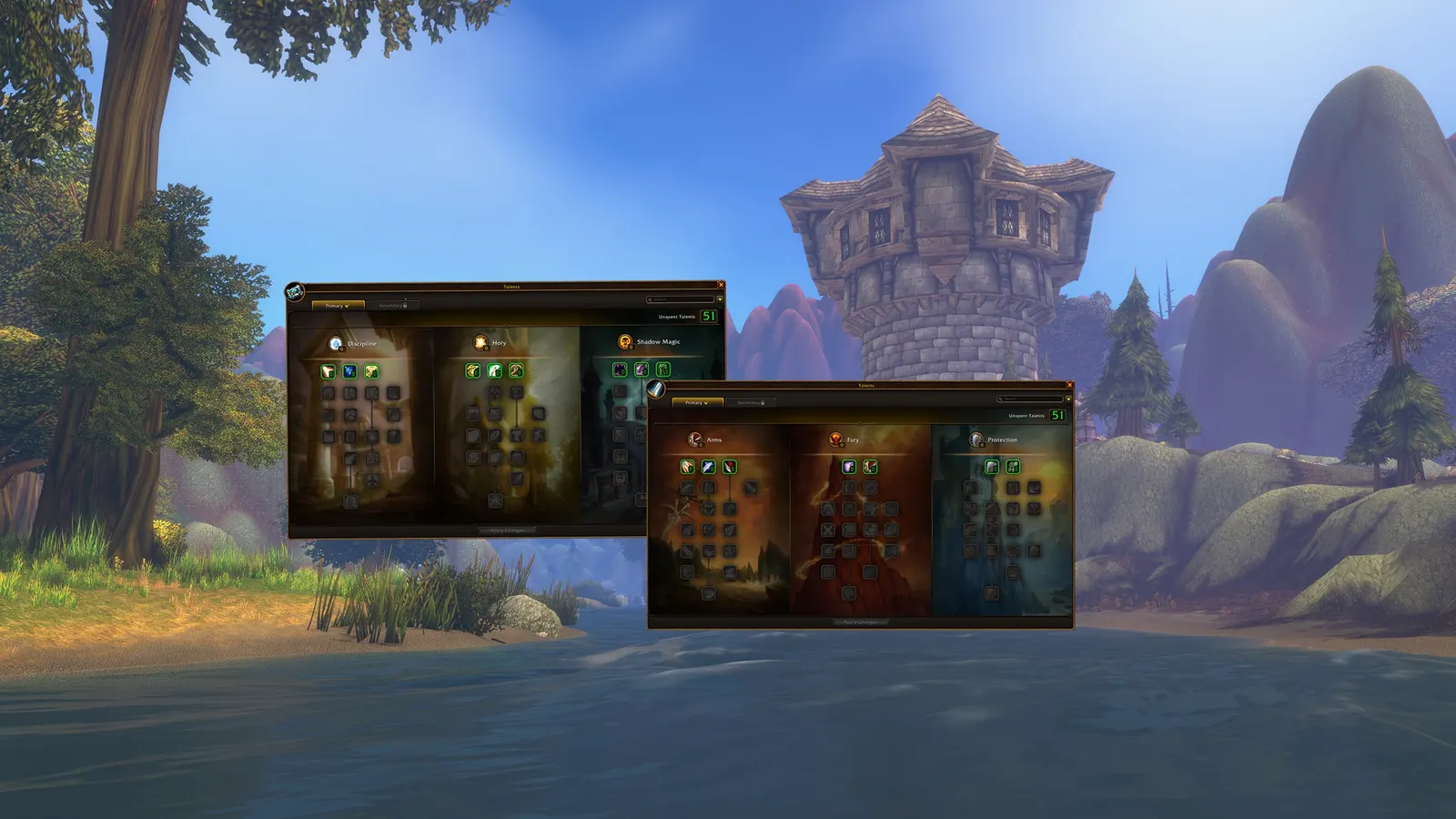 Talent windows over a lakeside tower