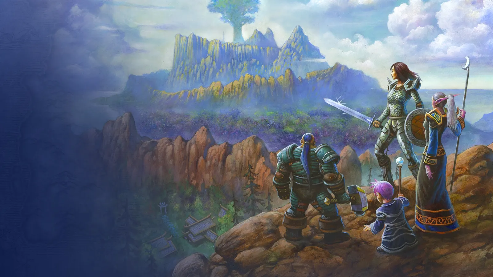 Painted artwork of a knight, a dwarf and a mage on a cliff