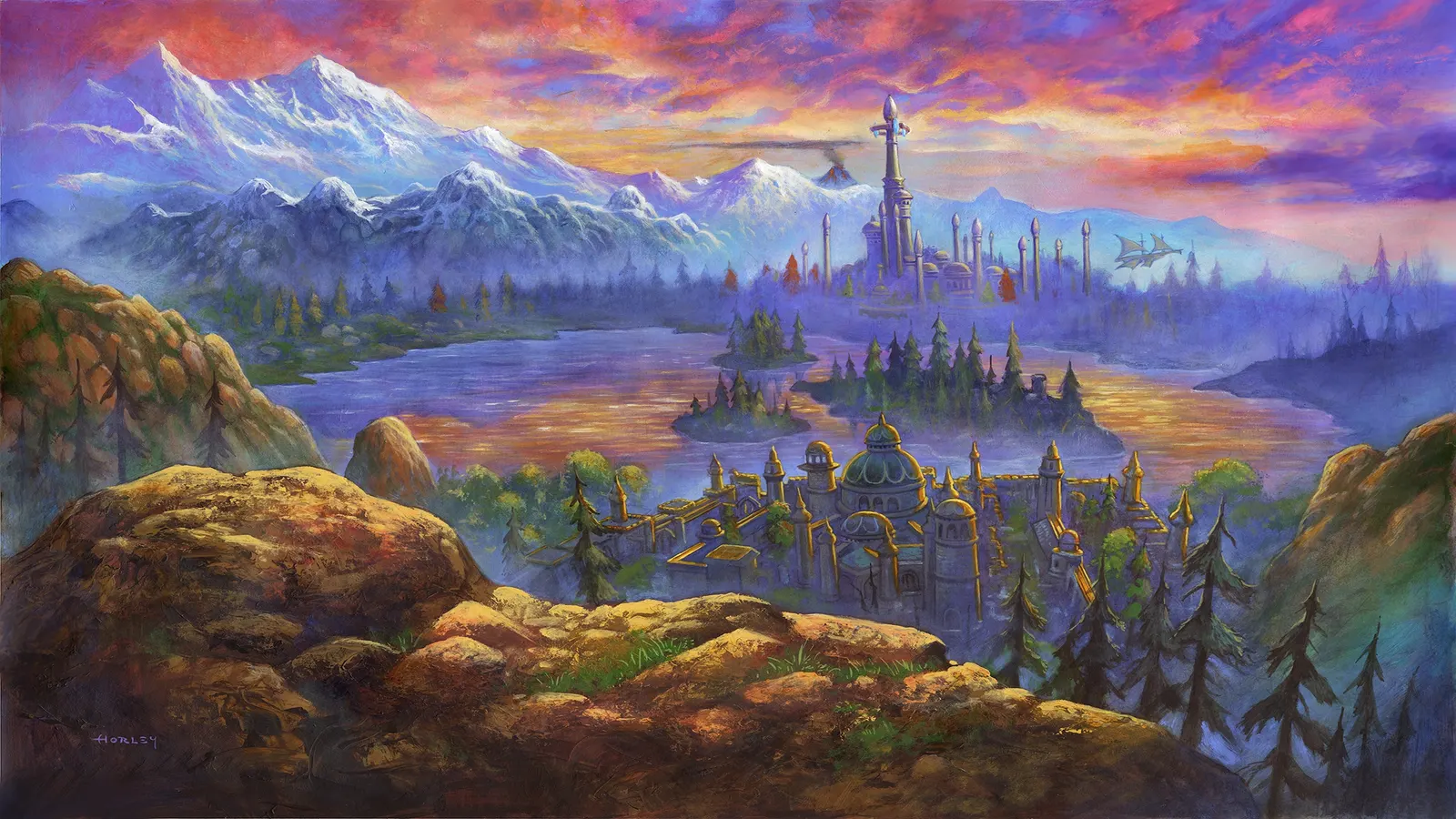 Painted landscape of a lake valley with a distant tower at sunset