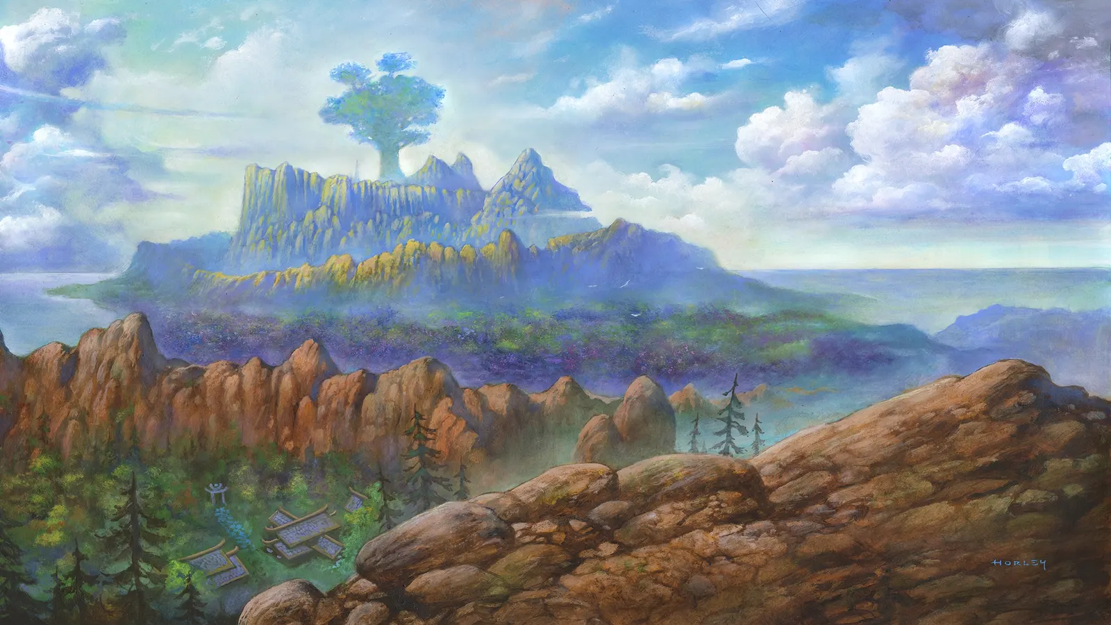 Painted landscape of a giant tree above red cliffs