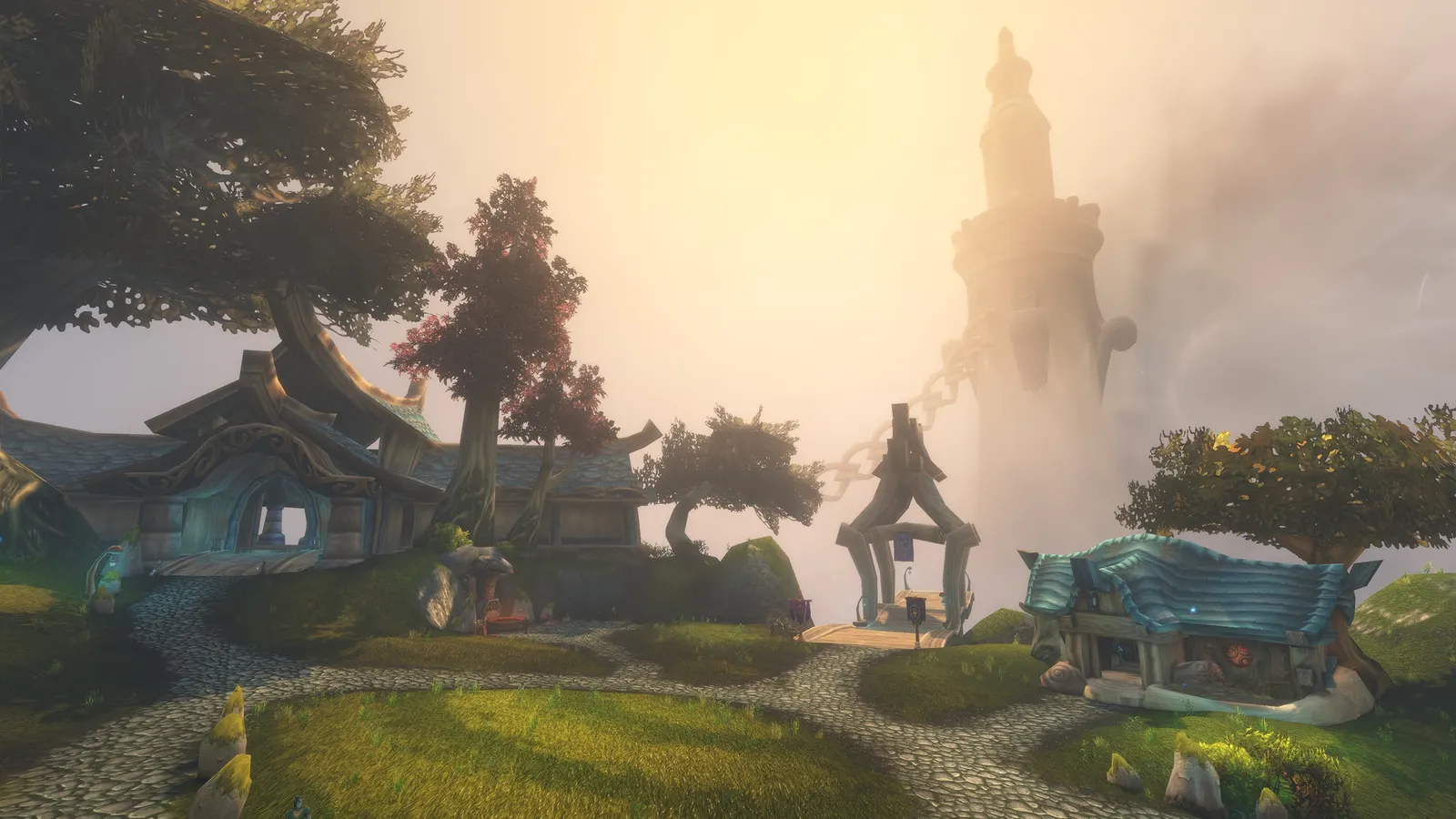 Skyborne houses with blue curved roofs beneath a floating tower in the mist