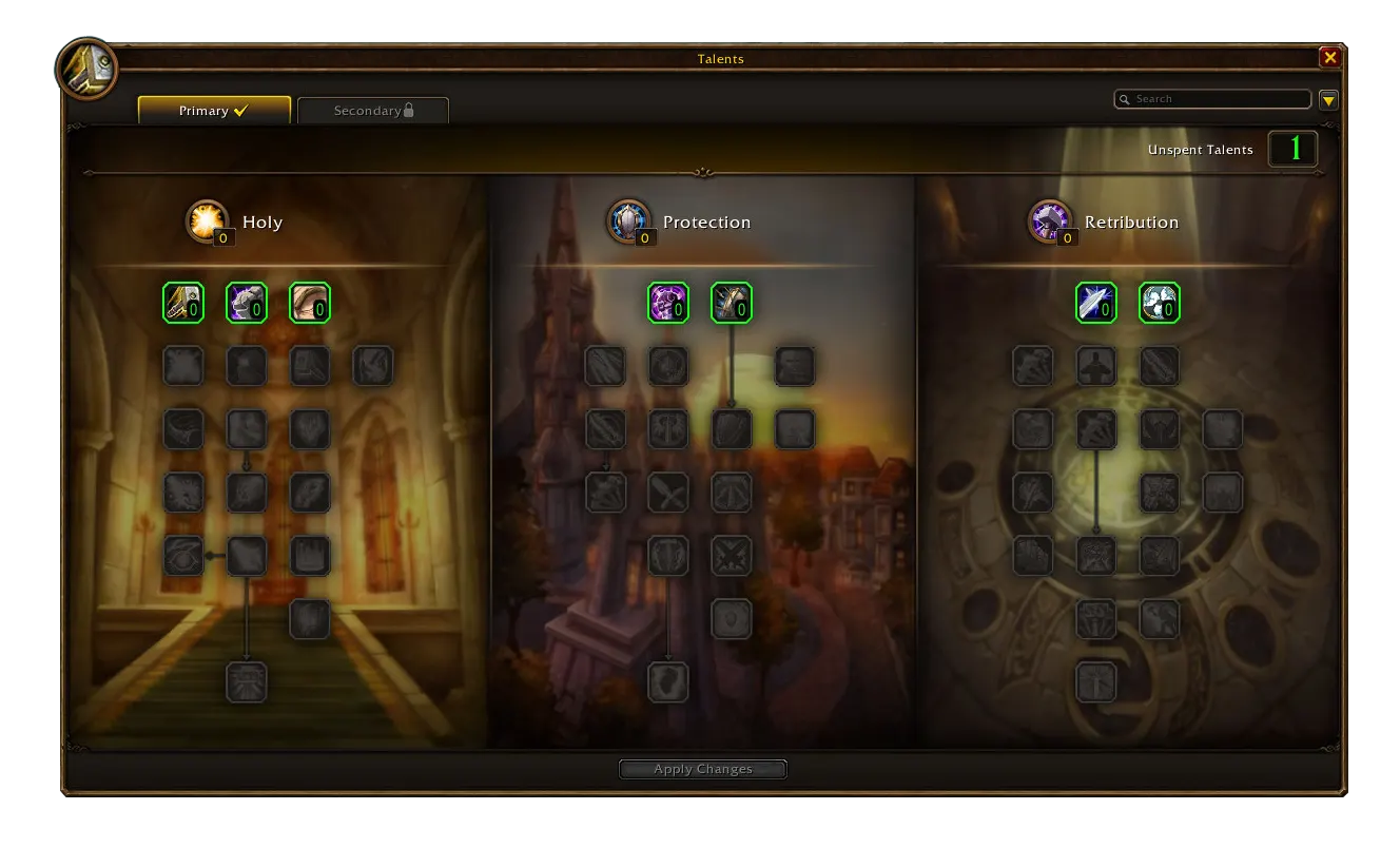 Paladin talent window with Holy, Protection and Retribution trees