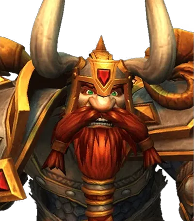 A red-bearded dwarf in a horned helmet and gold plate armor