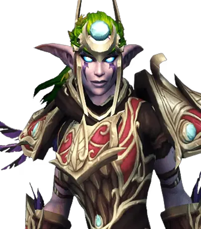 A purple-skinned night elf with green hair and a moon circlet in armor