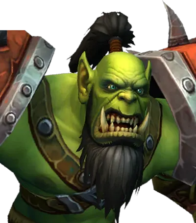 A green-skinned orc with a black beard and topknot in spiked armor