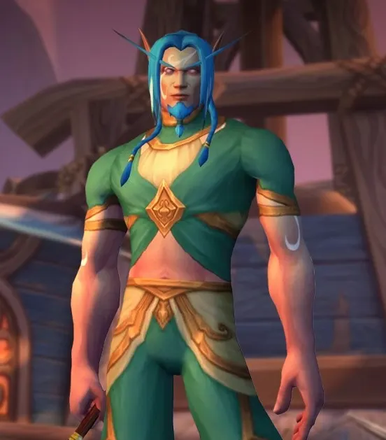 A blue-haired Skyborne man with long ears in green and gold clothing