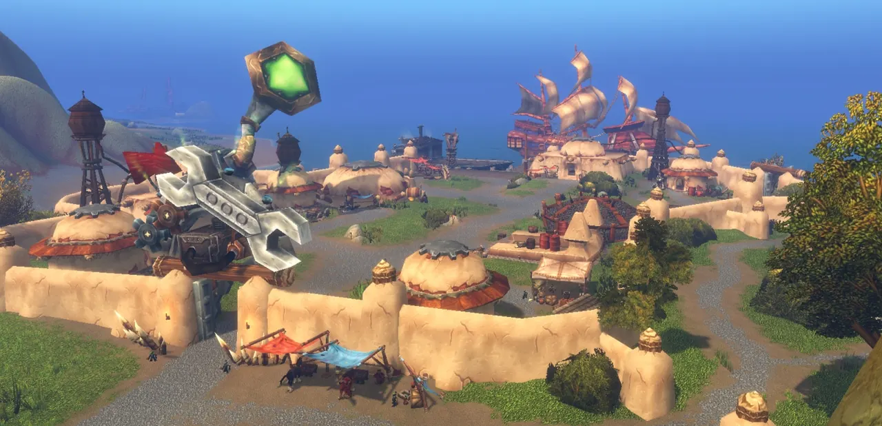 A goblin town with a large wrench sculpture, domed huts and water towers