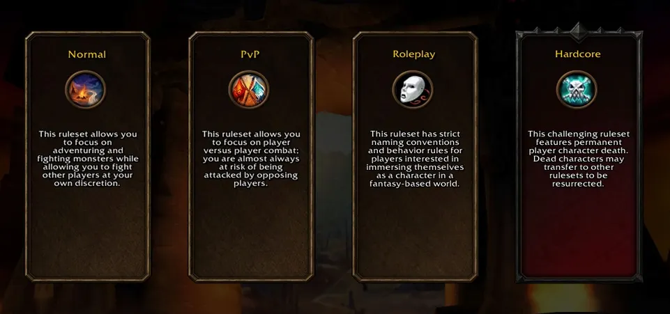 Ruleset selection cards for Normal, PvP, Roleplaying and Hardcore