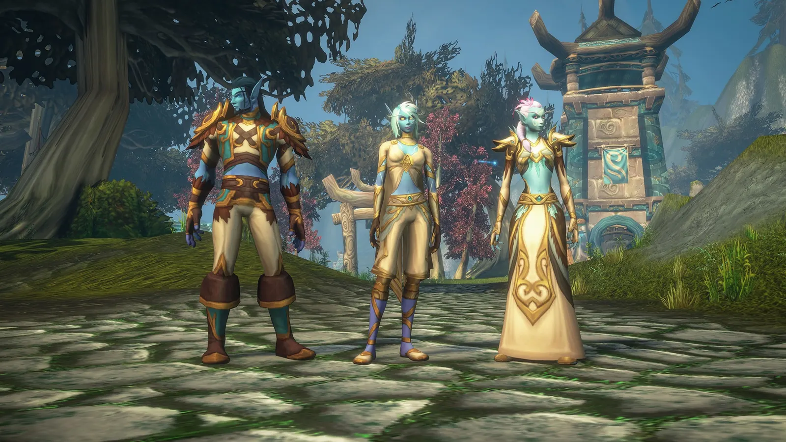 Three Skyborne characters in ornate armor and robes on a stone plaza