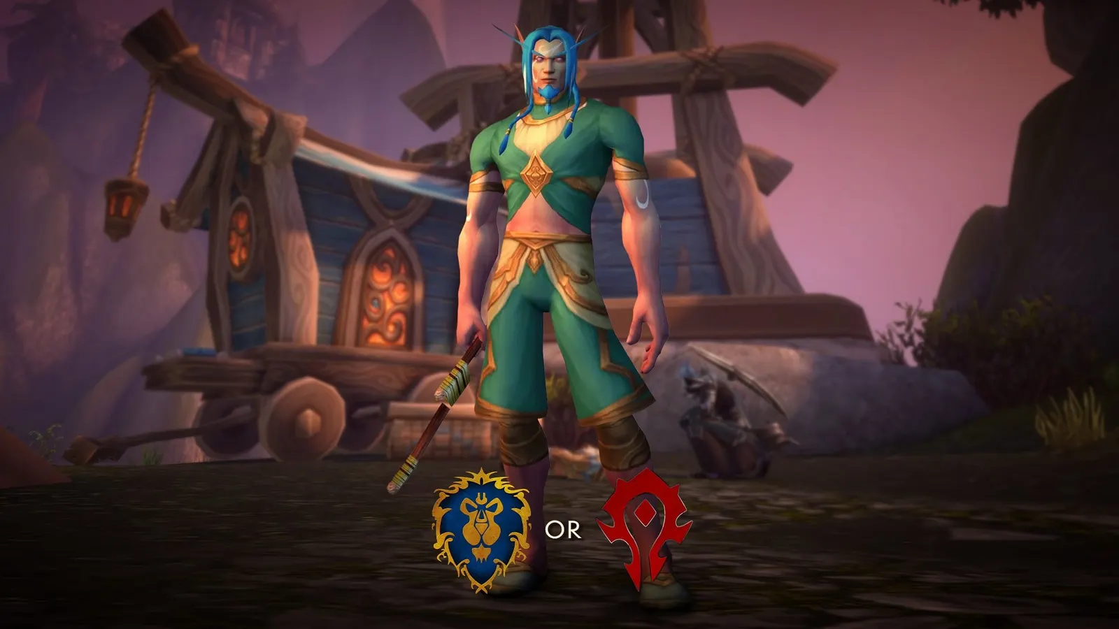 A Skyborne character with Alliance and Horde crests showing the faction choice