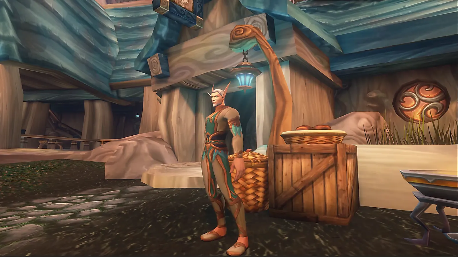 A Skyborne character standing in a village