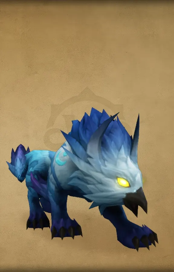 A blue feathered beast with yellow eyes