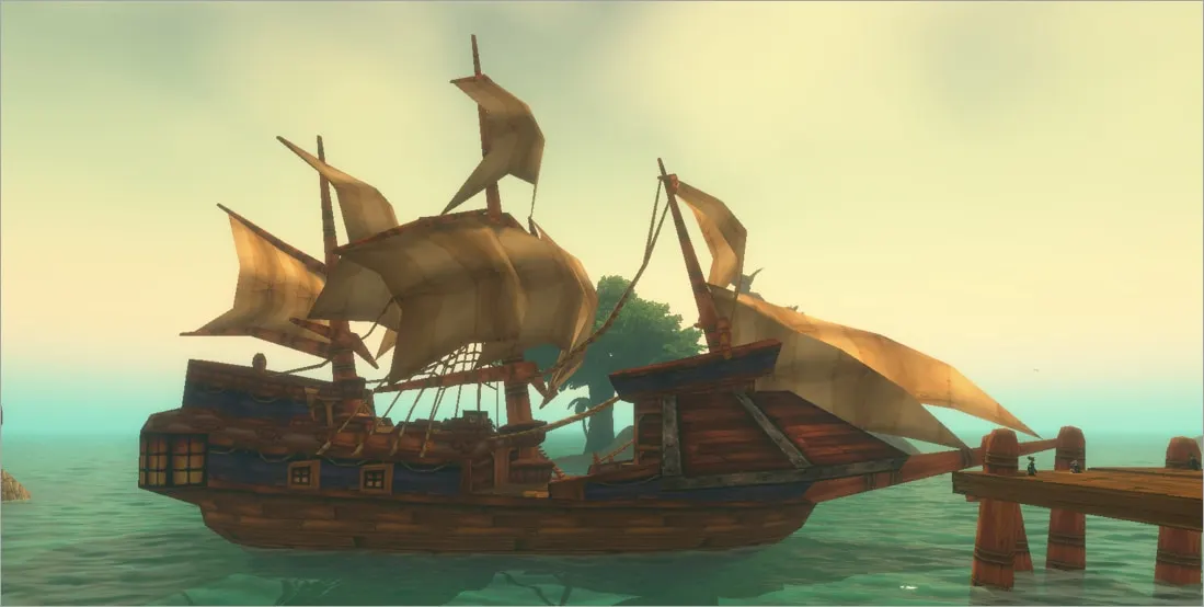 A sailing ship moored at a wooden dock