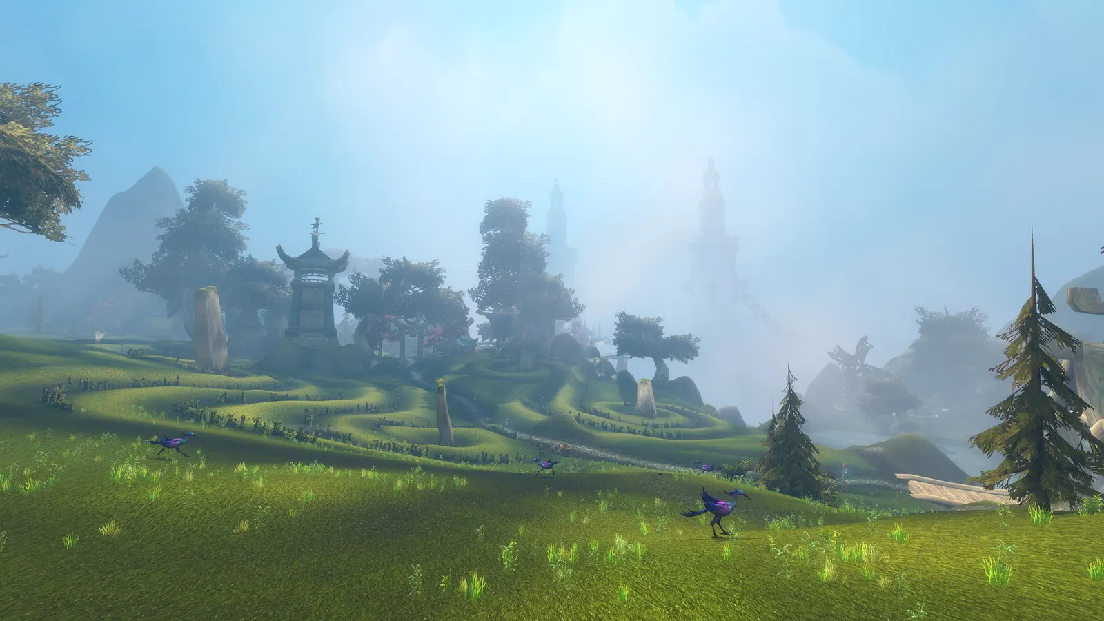 Terraced green fields leading to a pagoda-like tower