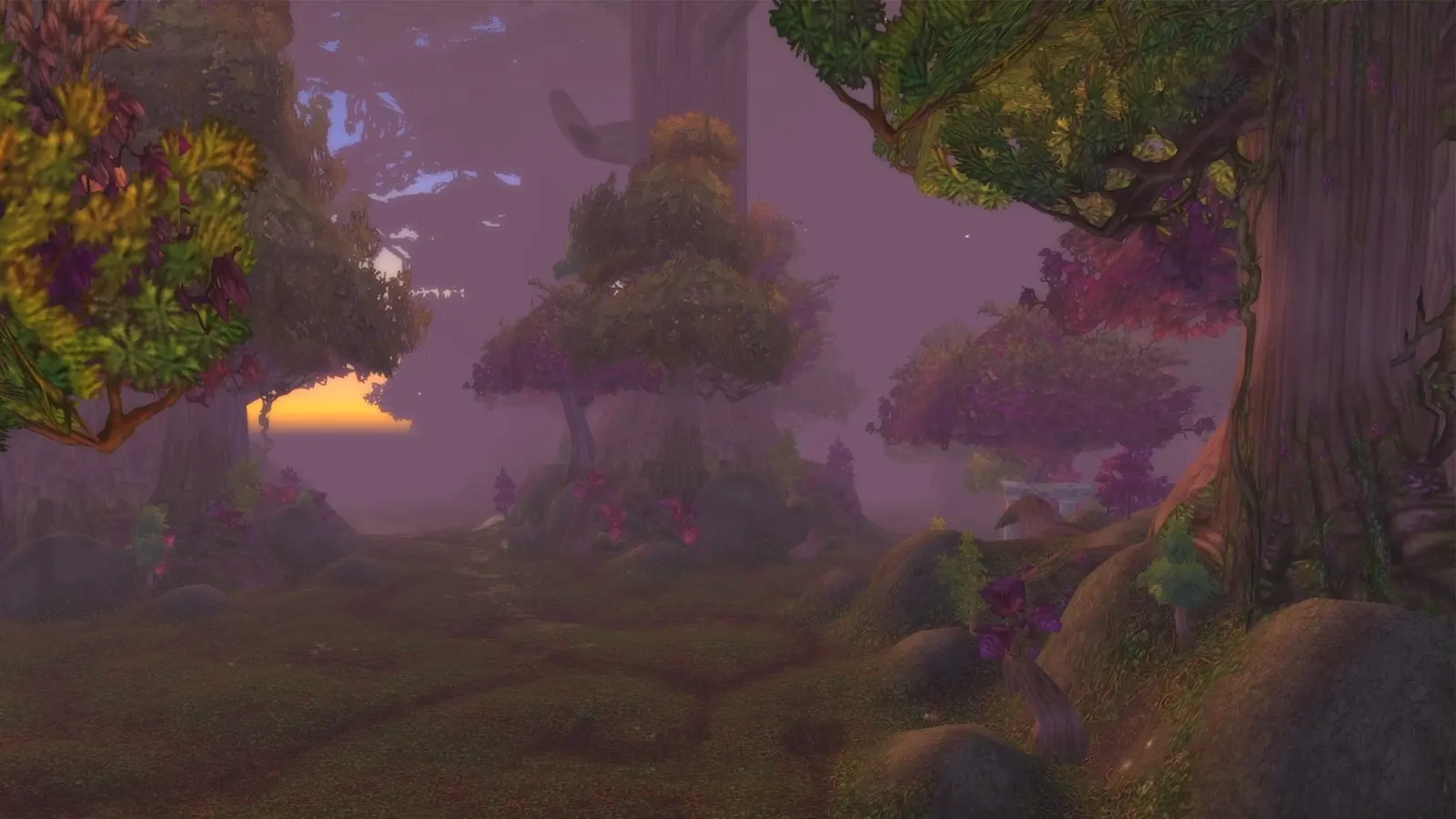 Purple-leafed trees beside a winding path in Ashenvale
