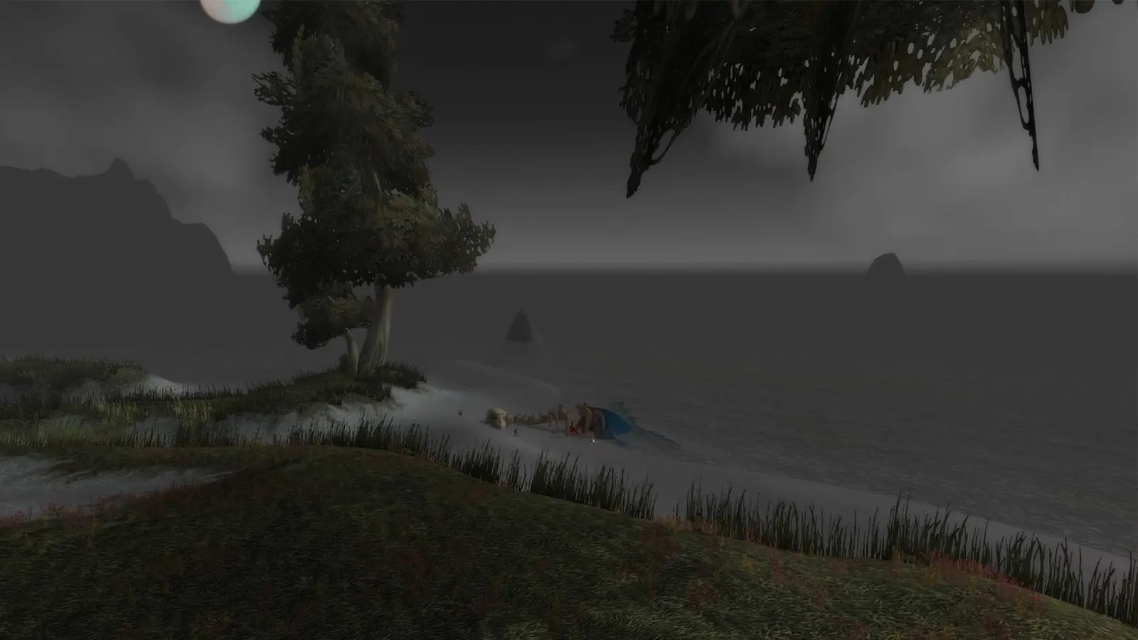 A misty grey shoreline and lone tree in Darkshore