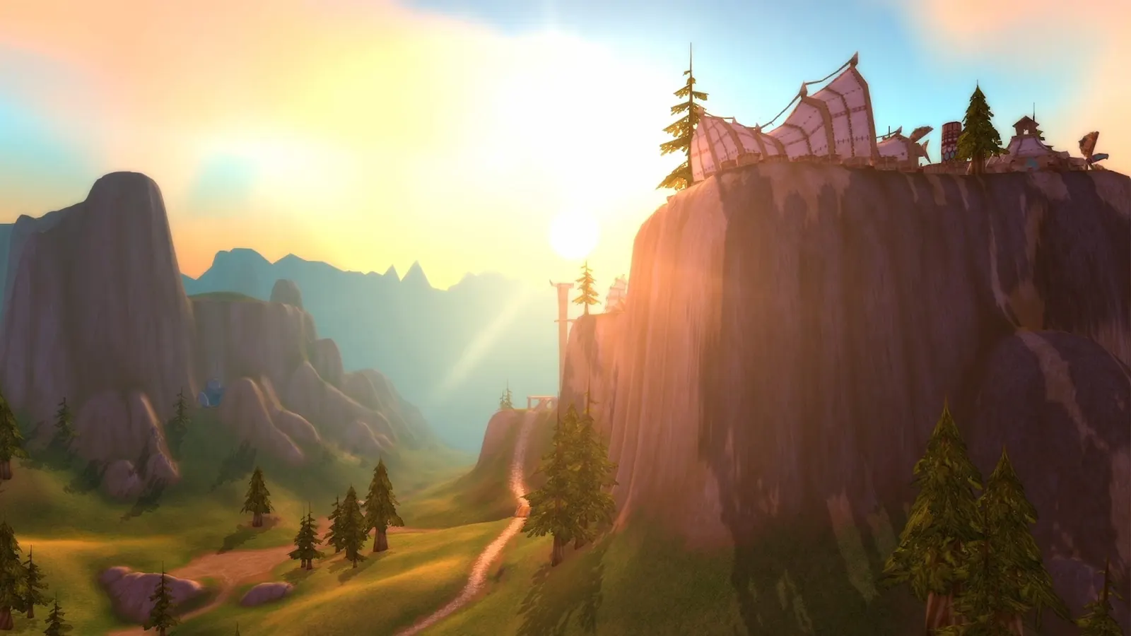 Sunlit mesas and pine trees in Mulgore